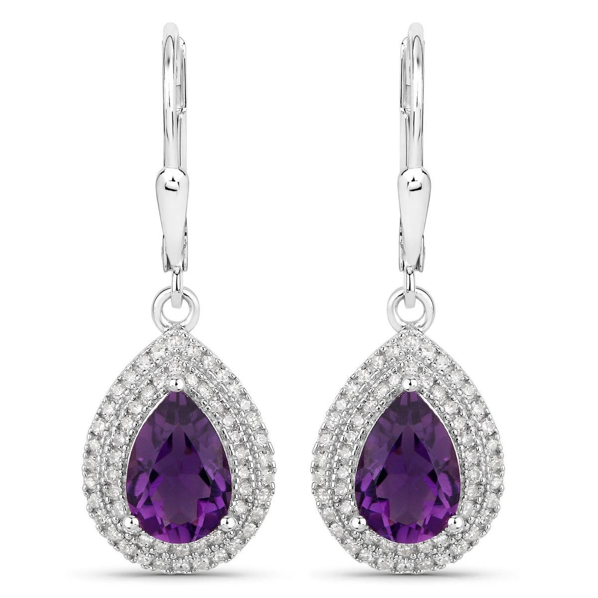 Boucles d'oreilles en argent sterling .925 avec améthyste véritable de 2,77 carats et diamants blancs