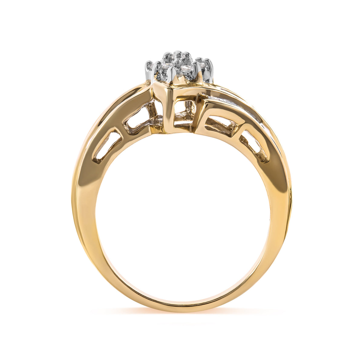 Bague en or jaune 10 carats avec tête de grappe de diamants ronds et baguettes de 0,5 carat et corps serti rail (couleur H-I, clarté I1-I2) - Taille 7