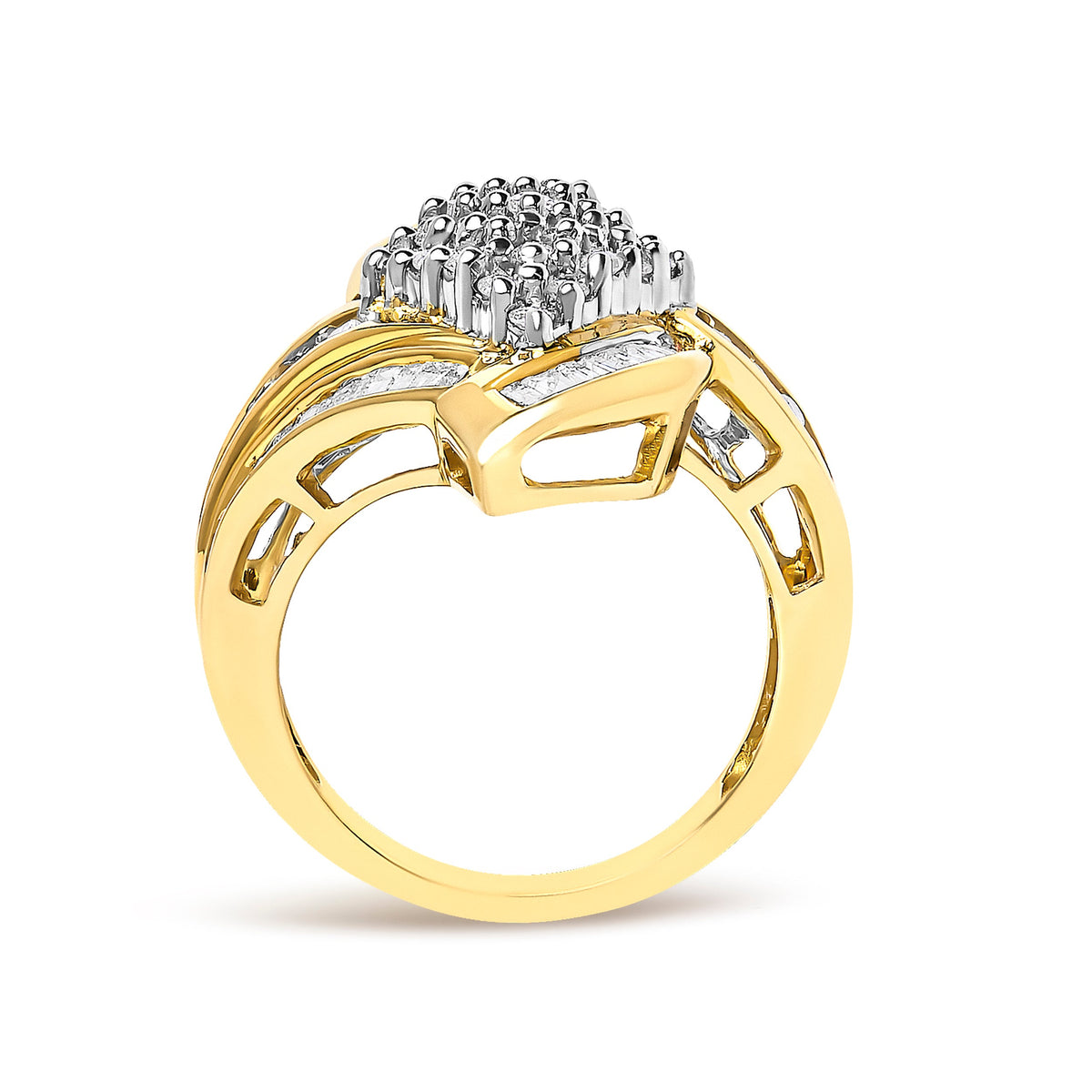 Bague cocktail en or jaune 14 carats avec diamants ronds et baguettes de 1,33 carat à enroulement
