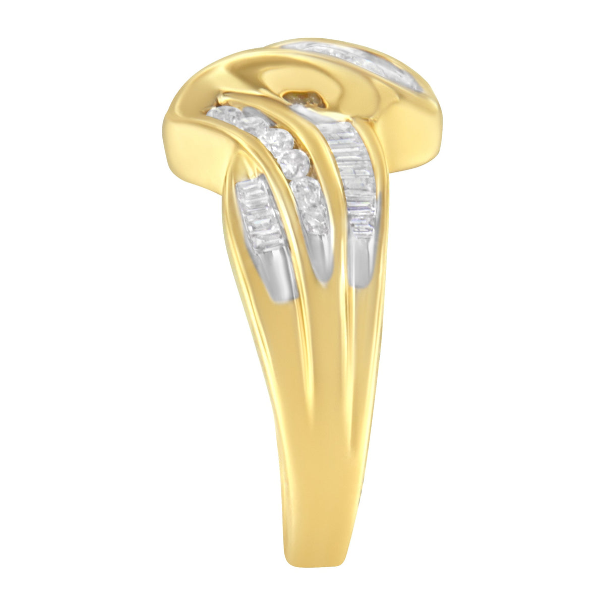 Bague contour double anneau en or jaune 10 carats, diamants ronds et baguettes sertis rail 0,75 carat total (couleur J-K, clarté I1-I2) - Taille 6,75