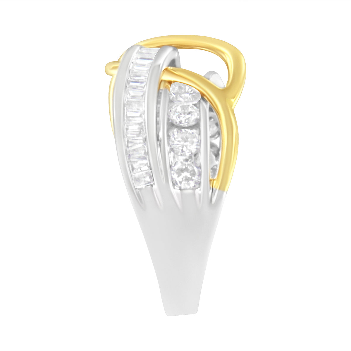Bague jonc croisé en or blanc et jaune 10 carats avec diamants sertis rail 1,10 carats (couleur J, pureté I3) – Taille 7