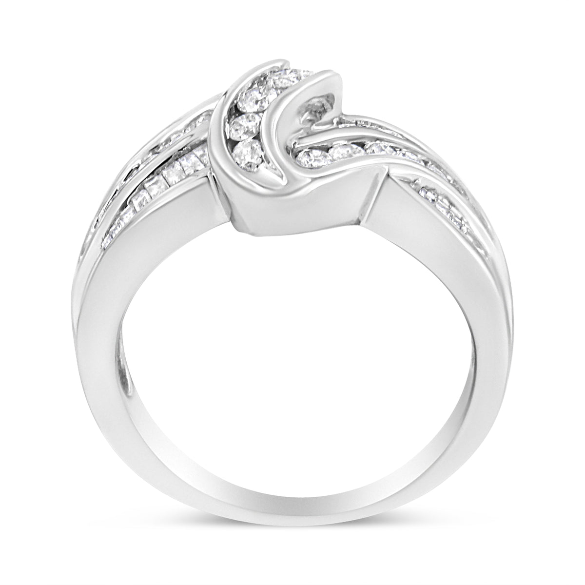 Bague croisée en or blanc 10K sertie de diamants ronds et baguettes 0,75 carat total (couleur H-I, pureté I2-I3) - Taille 6