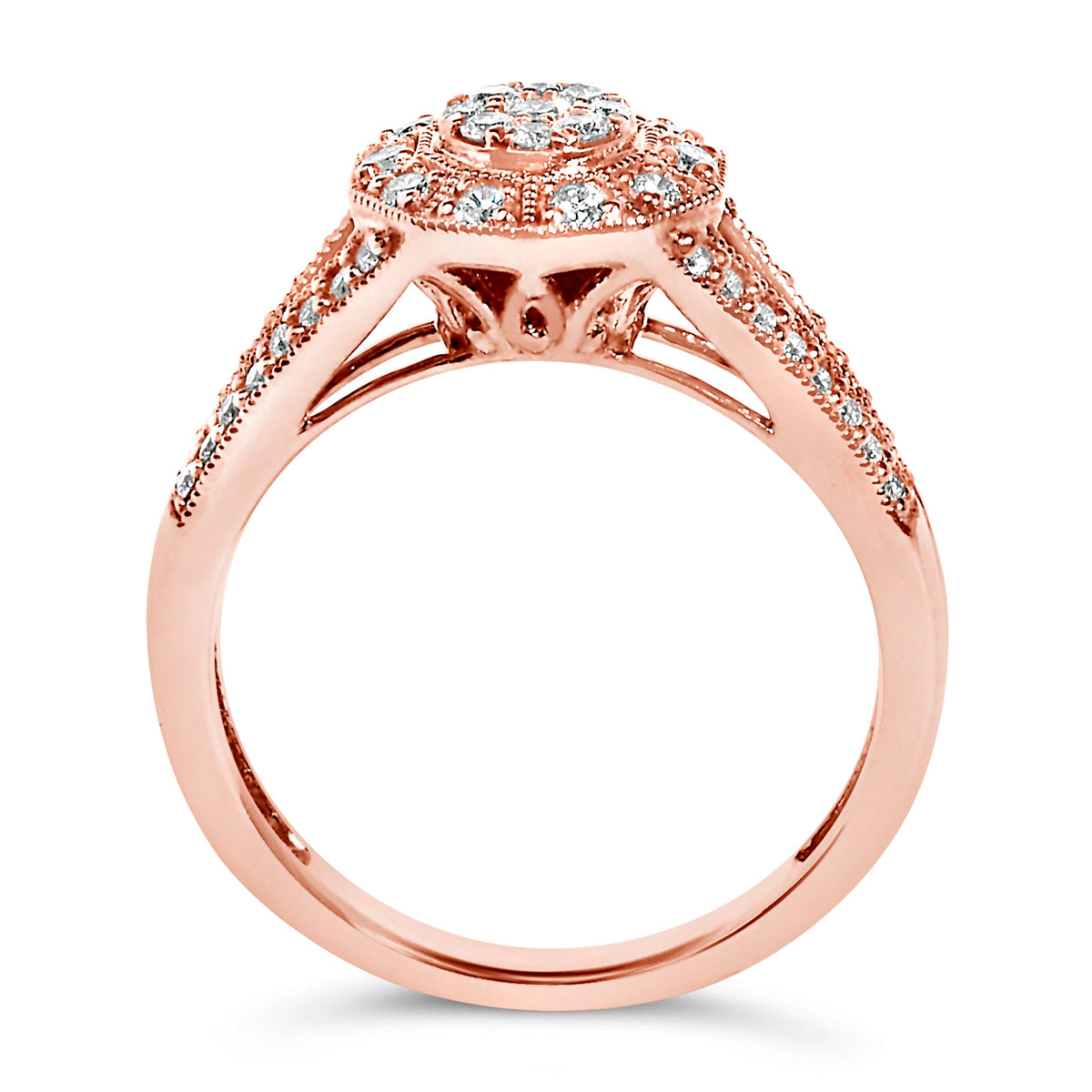 Bague cocktail taille 6 en argent sterling .925 plaqué or rose 14K avec halo et grappe de diamants pavés 1/2 carat (couleur I-J, pureté I1-I2) et tige fourchue