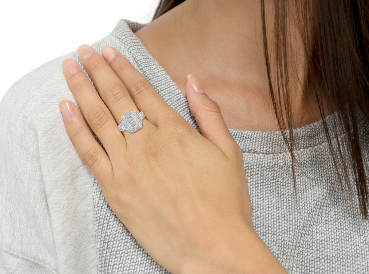 Bague Cathédrale en Argent Sterling .925 avec Diamants Ronds et Baguettes (0,75 Cttw, Couleur H-I, Clarté I2-I3) - Taille 7