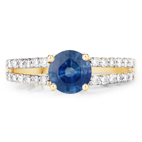 Bague en or jaune 14 carats avec saphir bleu véritable de 1,29 carat et diamants blancs
