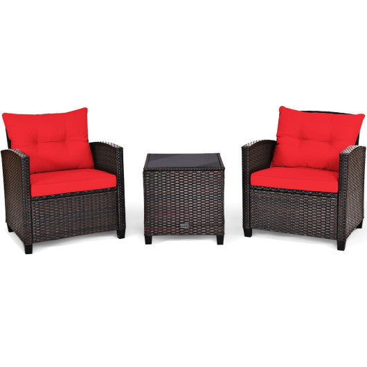Juego de muebles de ratán para patio de 3 piezas, conjunto de conversación acolchado, mesa de centro - Rojo