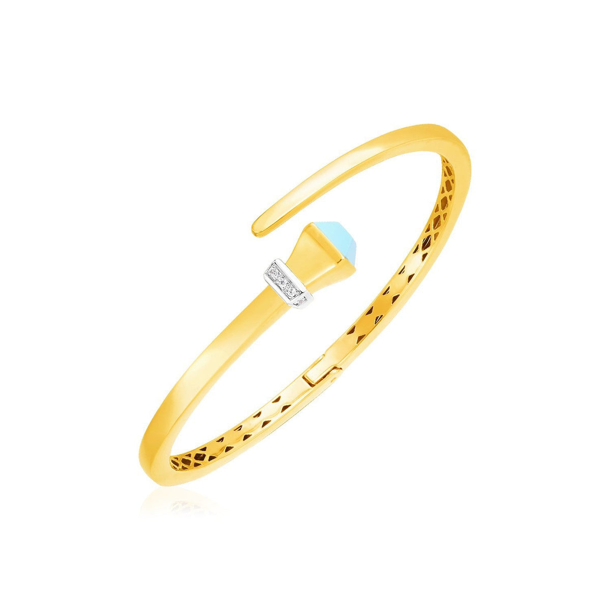 Bracelet jonc articulé de style croisé en or jaune 14 carats avec turquoise et diamants