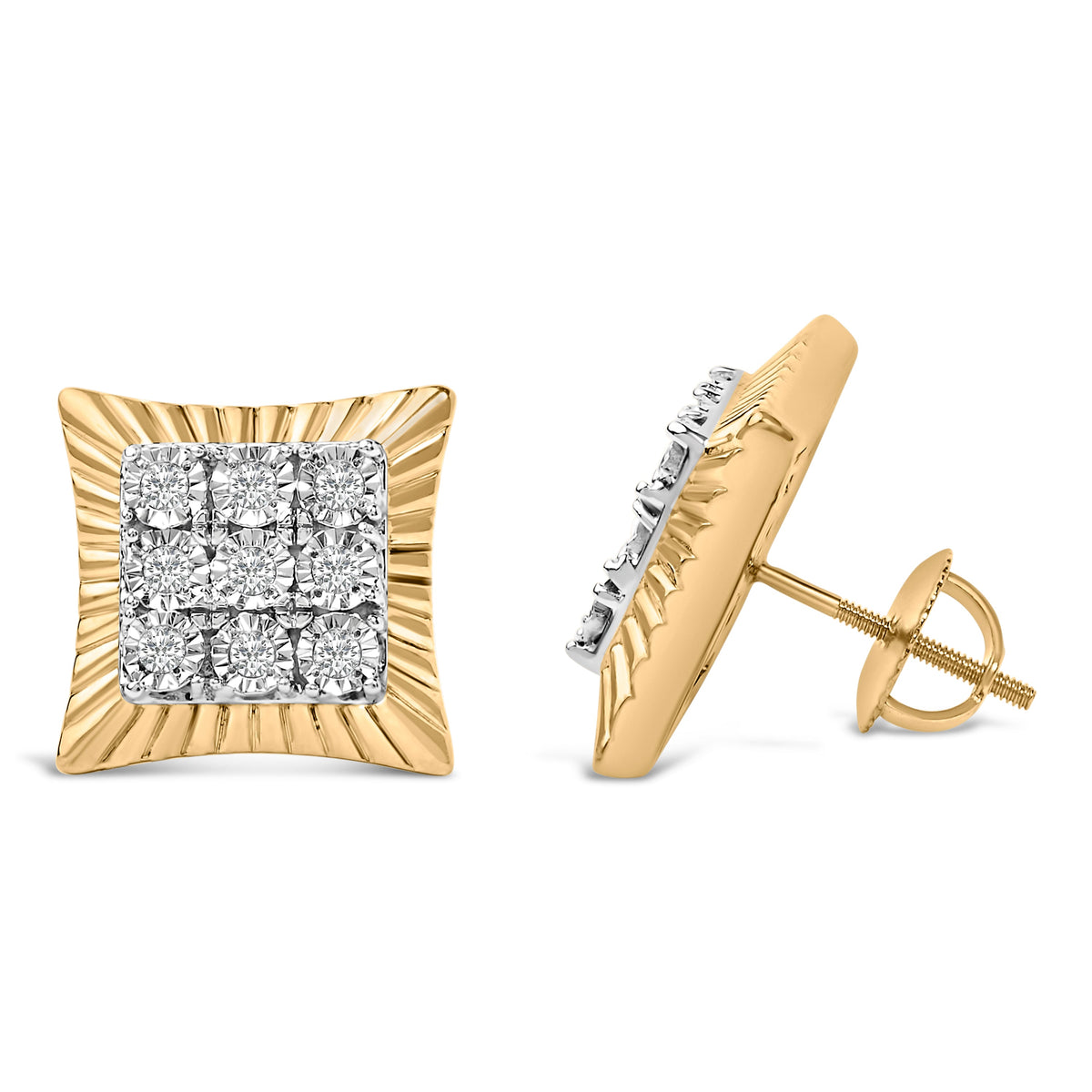 Boucles d'oreilles clous en argent sterling 925 plaqué or jaune 10K, avec diamant 1/4 Cttw et halo texturé