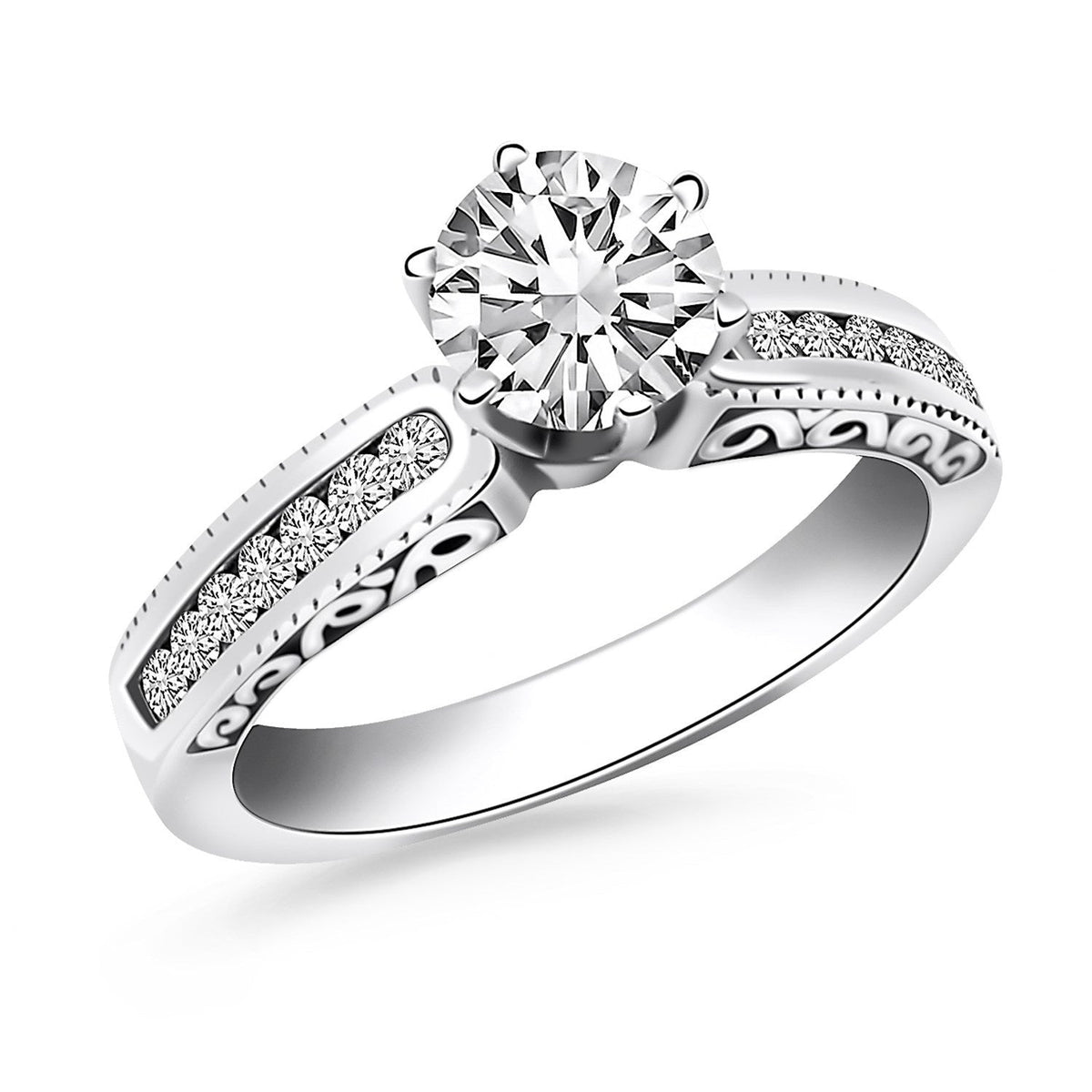 Bague de fiançailles en or blanc 14 carats avec diamants sertis rail et côtés gravés