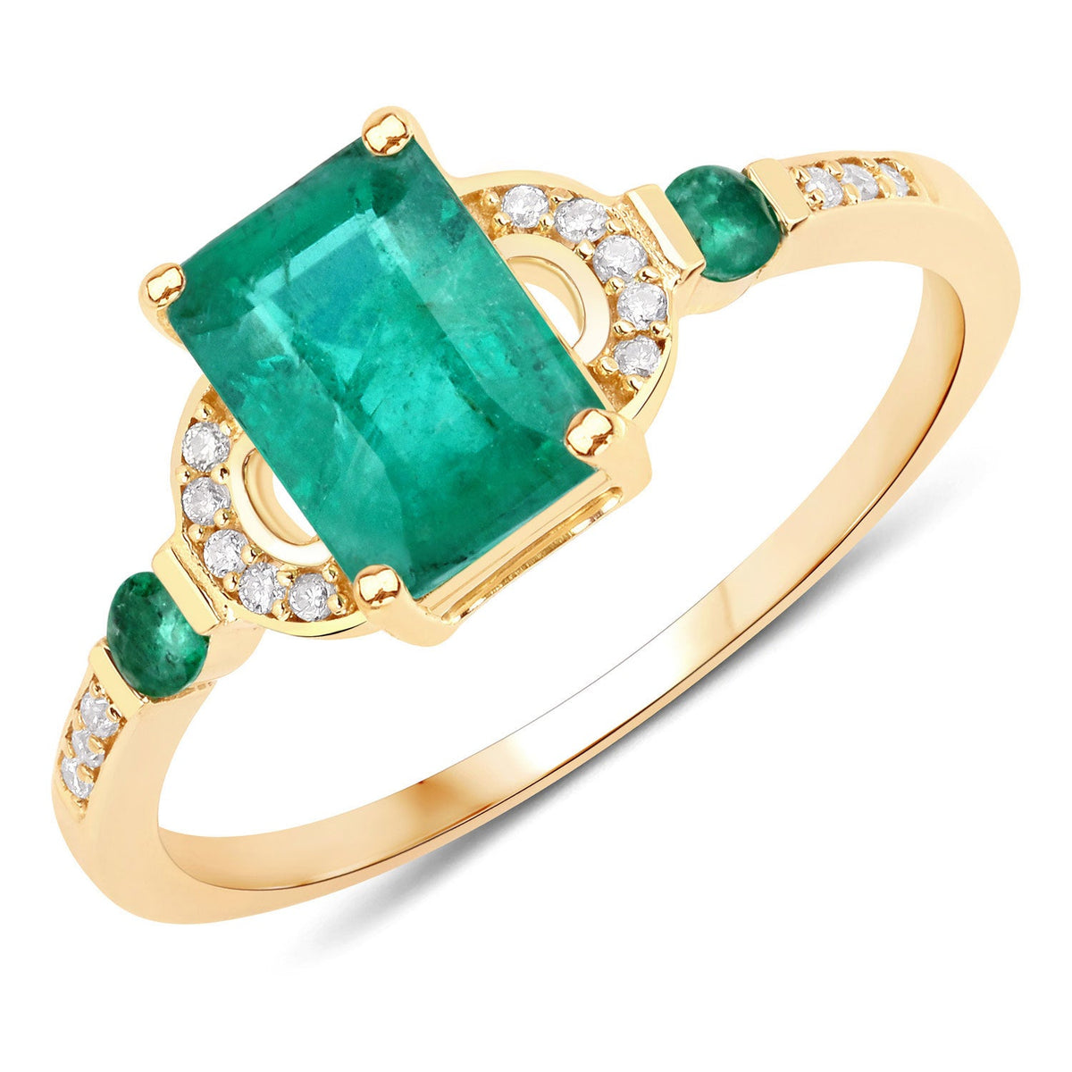 Bague en or jaune 10K, émeraude de Zambie véritable de 1,08 carat et diamants blancs