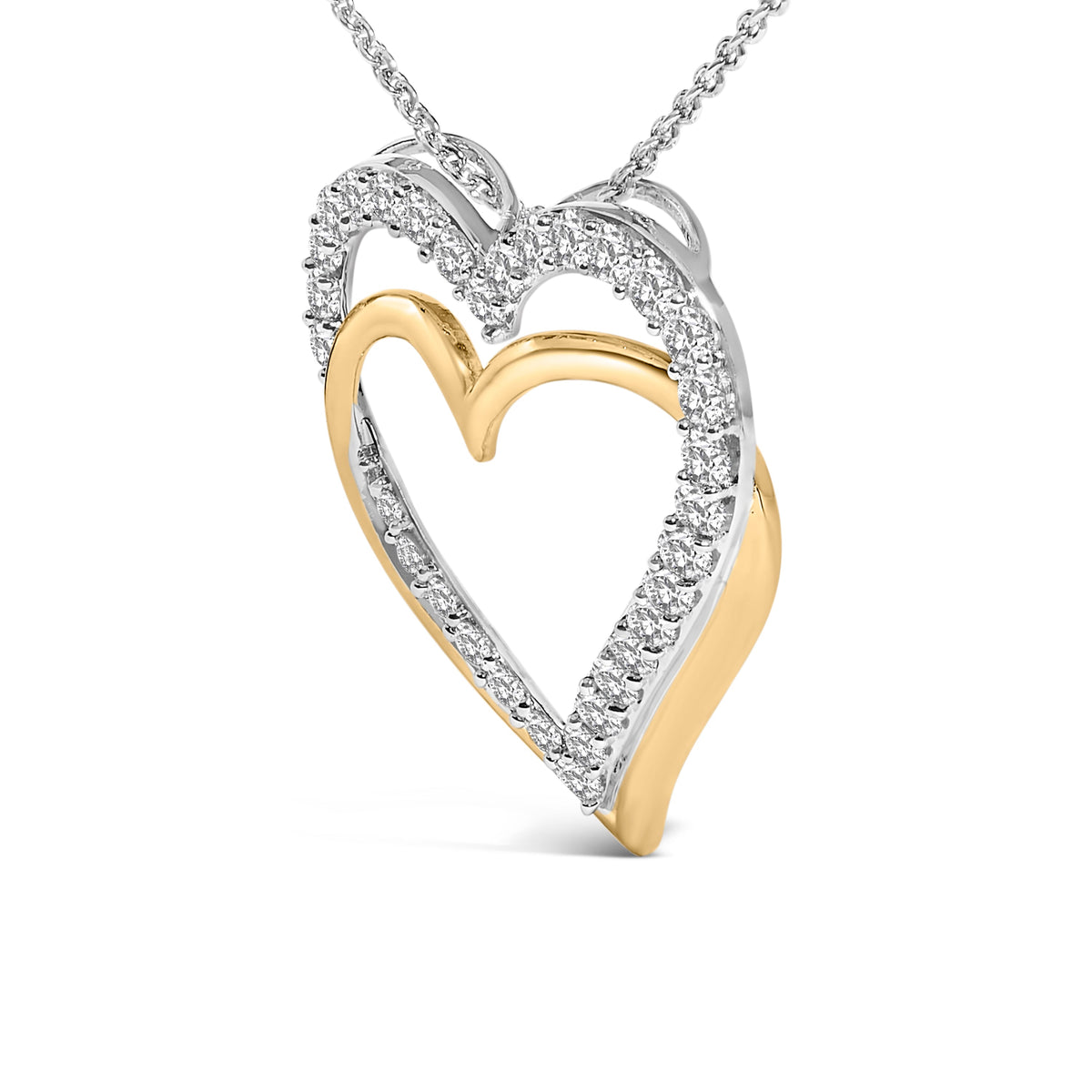 Collier avec pendentif double cœur en or jaune 14 carats plaqué argent sterling et diamant 1,00 carat