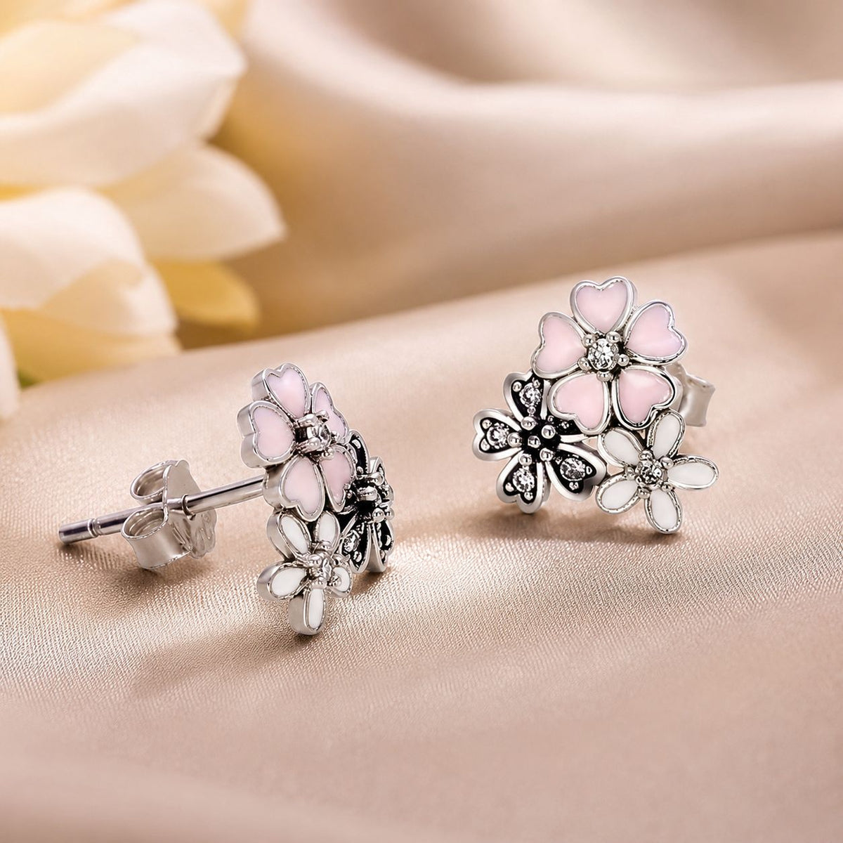 Boucles d'oreilles en argent sterling 925 avec sertissage pavé, argent oxydé, émail - 1,0 x 1,1 cm pour femme