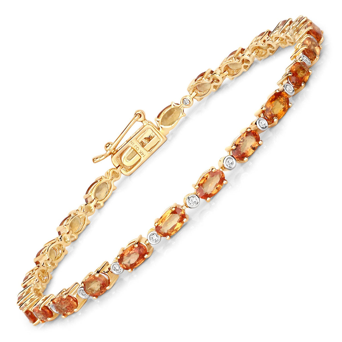 Bracelet en Or Jaune 14K Saphir Orange Authentique de 7,39 Carats et Diamants Blancs