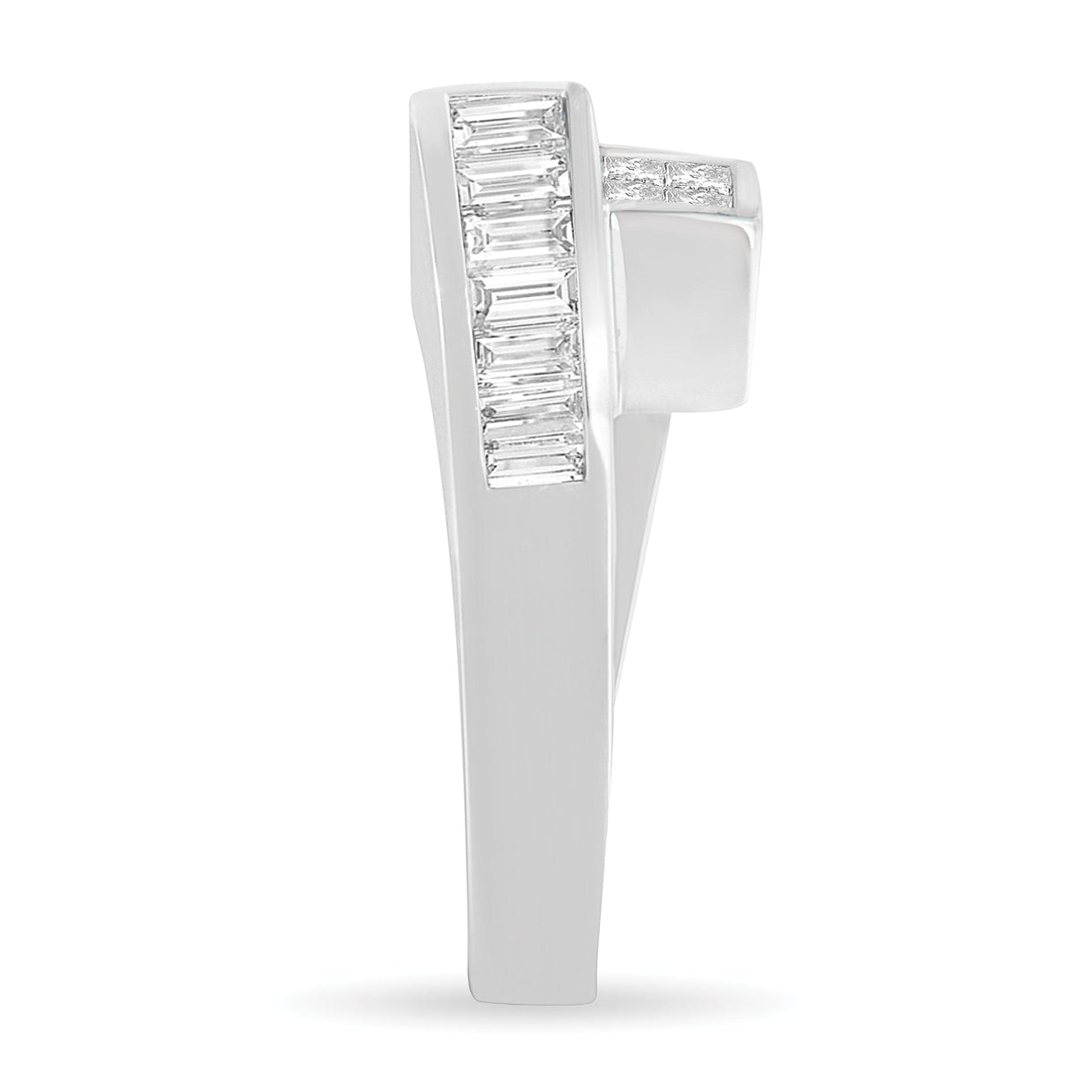 Bague Géométrique Ouvrte en Or Blanc 14 carats avec Diamants Princesse Invisible et Baguette Sertie Rail (Couleur G-H, Clarté SI2-I1) de 1,5 Carats au Total - Taille 7