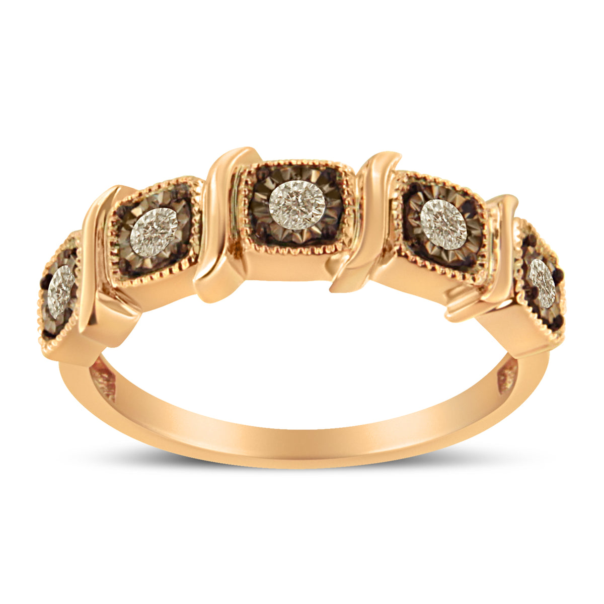 Bague à cinq pierres en argent sterling .925 plaqué or rose 10K serties de diamants miracle (1/4 Cttw, couleur J-K, pureté I1-I2) - Taille 7