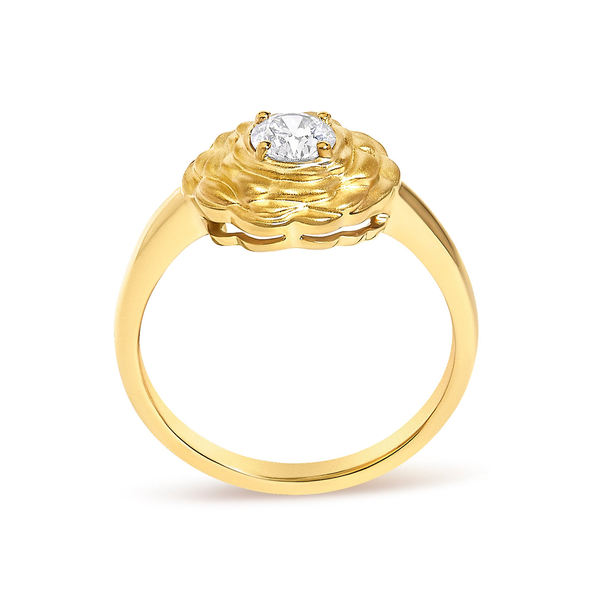 Bague Solitaire Motif Floral en Argent Sterling Plaqué Or Jaune 14 carats avec Diamant de Laboratoire 1/3 Cttw