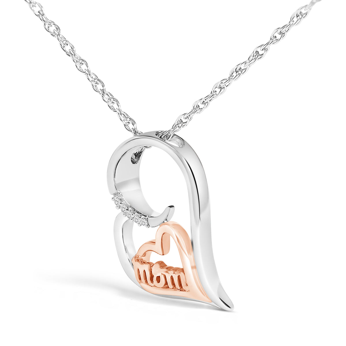Collier pendentif Cœur de Maman avec diamant en argent sterling plaqué or rose 14 carats
