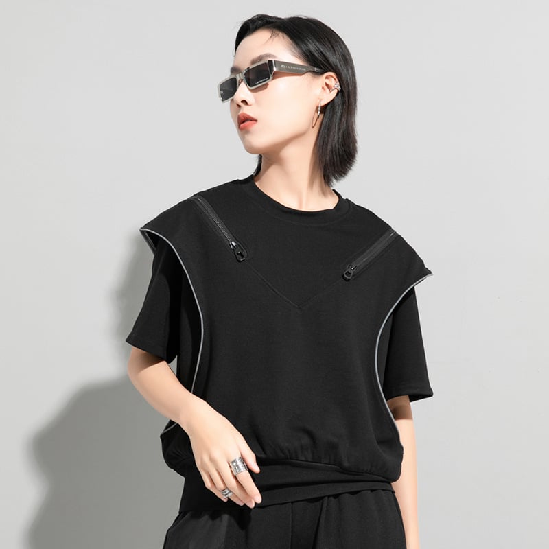Black Off Shoulder T-Shirt with Zipper Detail