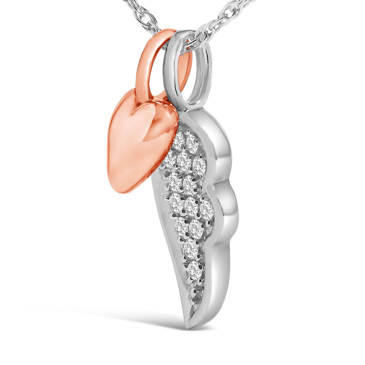 Collier avec pendentif cœur et aile en argent sterling plaqué or rose 14 carats et diamant 1/10 carat