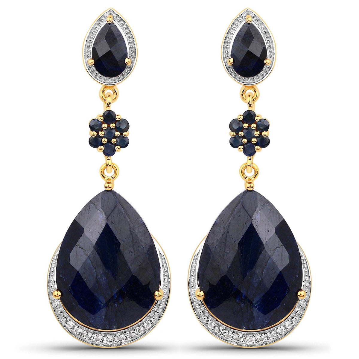 Boucles d'oreilles en argent sterling .925 saphir teinté de 30,04 carats, saphir bleu et topaze blanche