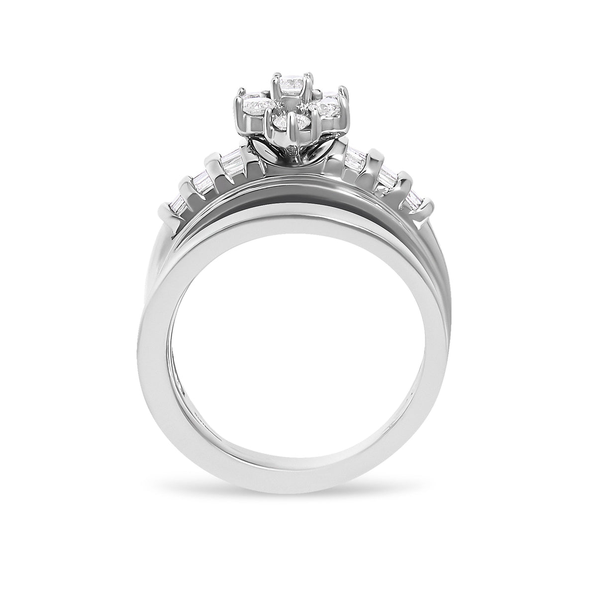 Parure de mariée en or blanc 14 carats avec grappe de diamants ronds et baguettes de 1,0 carat au total