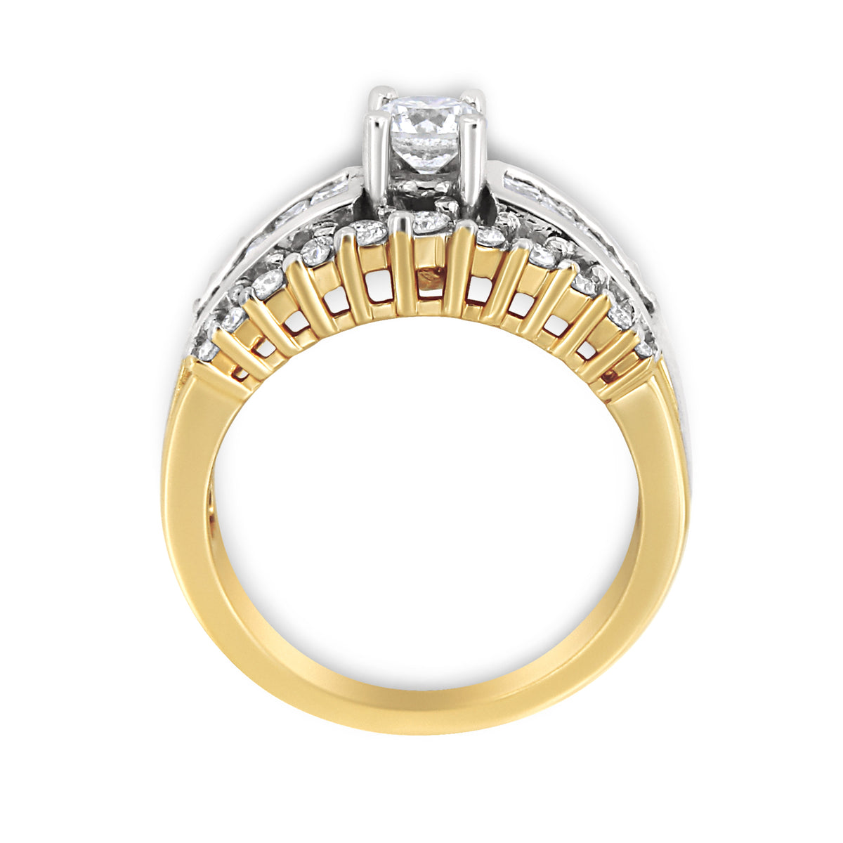 Bague en or jaune et blanc 14 carats, 1,5 carat poids total, diamants ronds et taille princesse (couleur H-I, pureté SI2-I1)