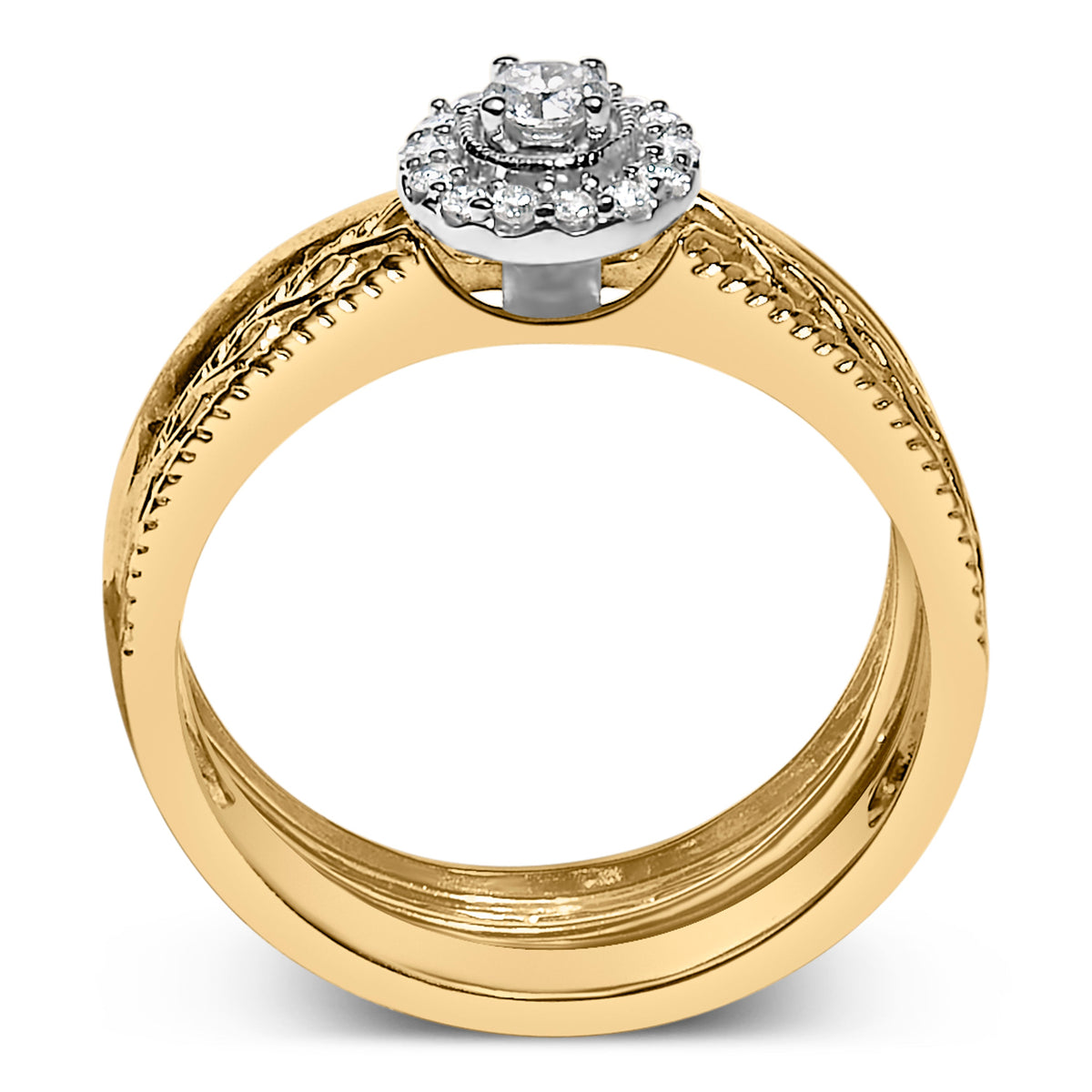 Bague de Fiançailles et Alliance en Argent Sterling .925 Plaqué Or Jaune 14K avec Halo de Diamants 1/5 Carat (Couleur I-J, Pureté I3) - Taille 7
