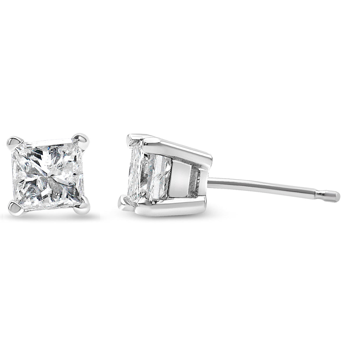 Boucles d'oreilles clous solitaires classiques à 4 griffes en or blanc 14 carats, diamants taille princesse carrée quasi incolores de 1,00 carat total (couleur G-H, pureté SI1-SI2)