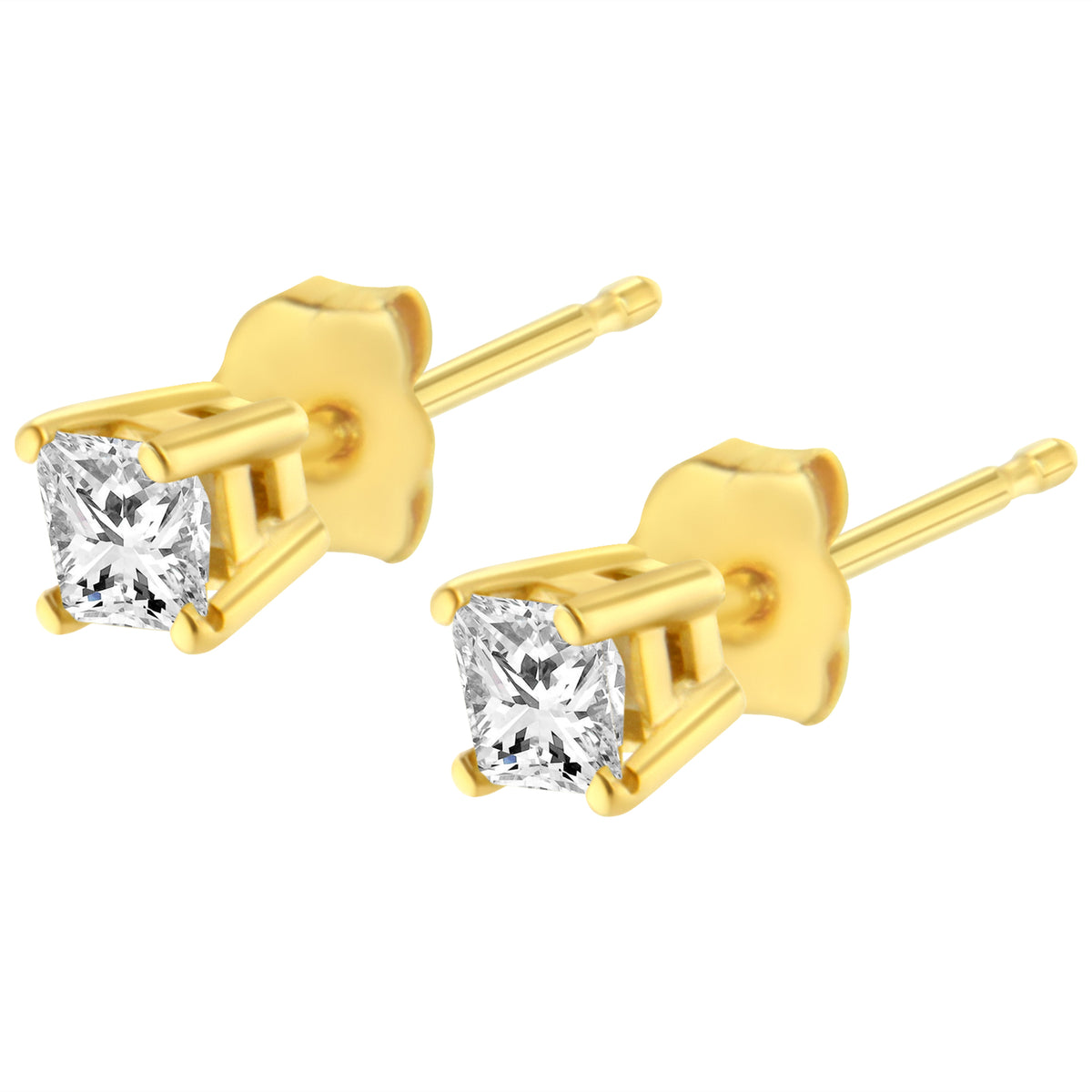 Clous d'oreilles solitaires classiques à 4 griffes en or jaune 14 carats, diamants taille princesse carrée quasi incolores 1/5 carat (couleur I-J, pureté I2-I3)