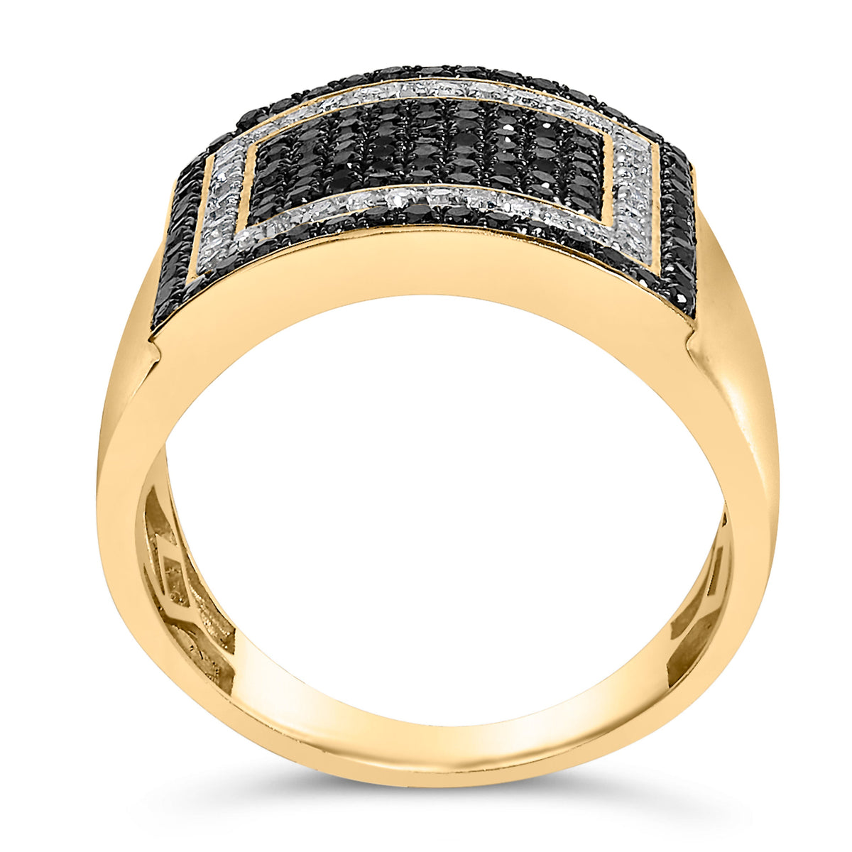 Bague géométrique en or jaune 10 carats 1,25 carat total de diamants noirs et blancs pour homme