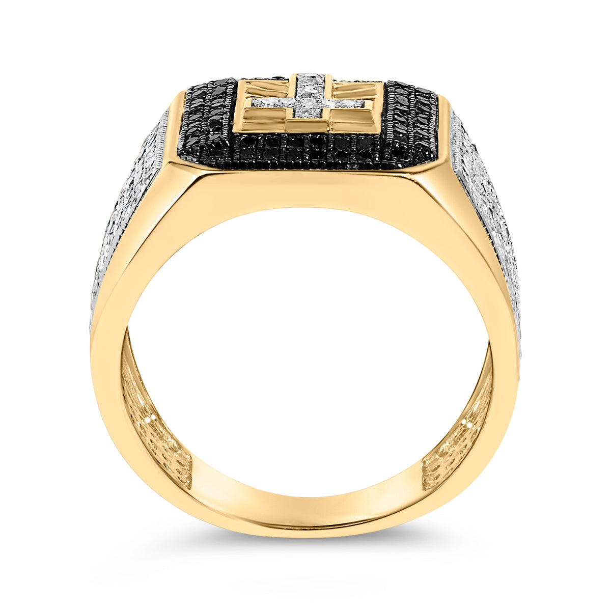 Bague chevalière en or jaune 10 carats pour homme avec diamants blancs et noirs de 1,5 carats en forme de croix