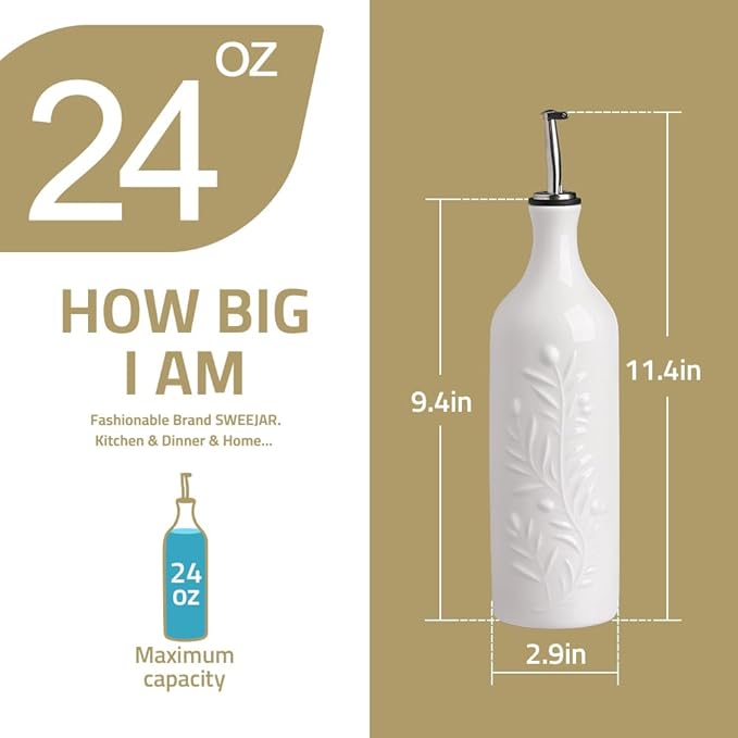 Sweejar Large Olive Oil Dispenser Bottle with Spout, 24 Oz Ceramic Oil Dispenser for Kitchen, Relief Opaque Oil Cruet, Oil Container for Cooking, EVOO, Avocado Oil, Vinegar, Pack of 1(Fog Blue)