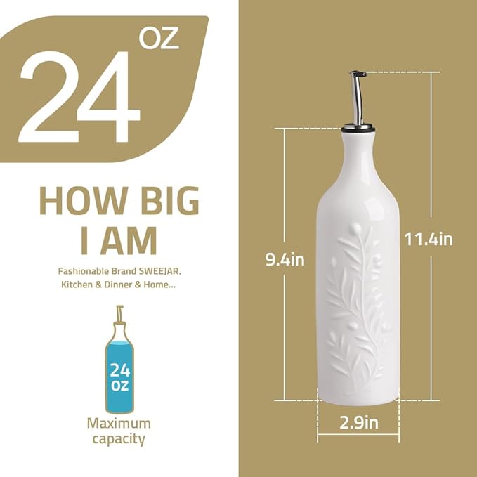 Sweejar Large Olive Oil Dispenser Bottle with Spout, 24 Oz Ceramic Oil Dispenser for Kitchen, Relief Opaque Oil Cruet, Oil Container for Cooking, EVOO, Avocado Oil, Vinegar, Pack of 1(Black)
