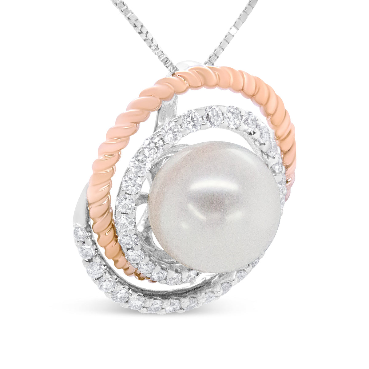 Collier pendentif 18" en or rose et blanc 14K, diamants pavés 3/8 Cttw et perle ronde 9mm, motif ajouré en spirale - (Couleur H-I, Clarté VS1-VS2)