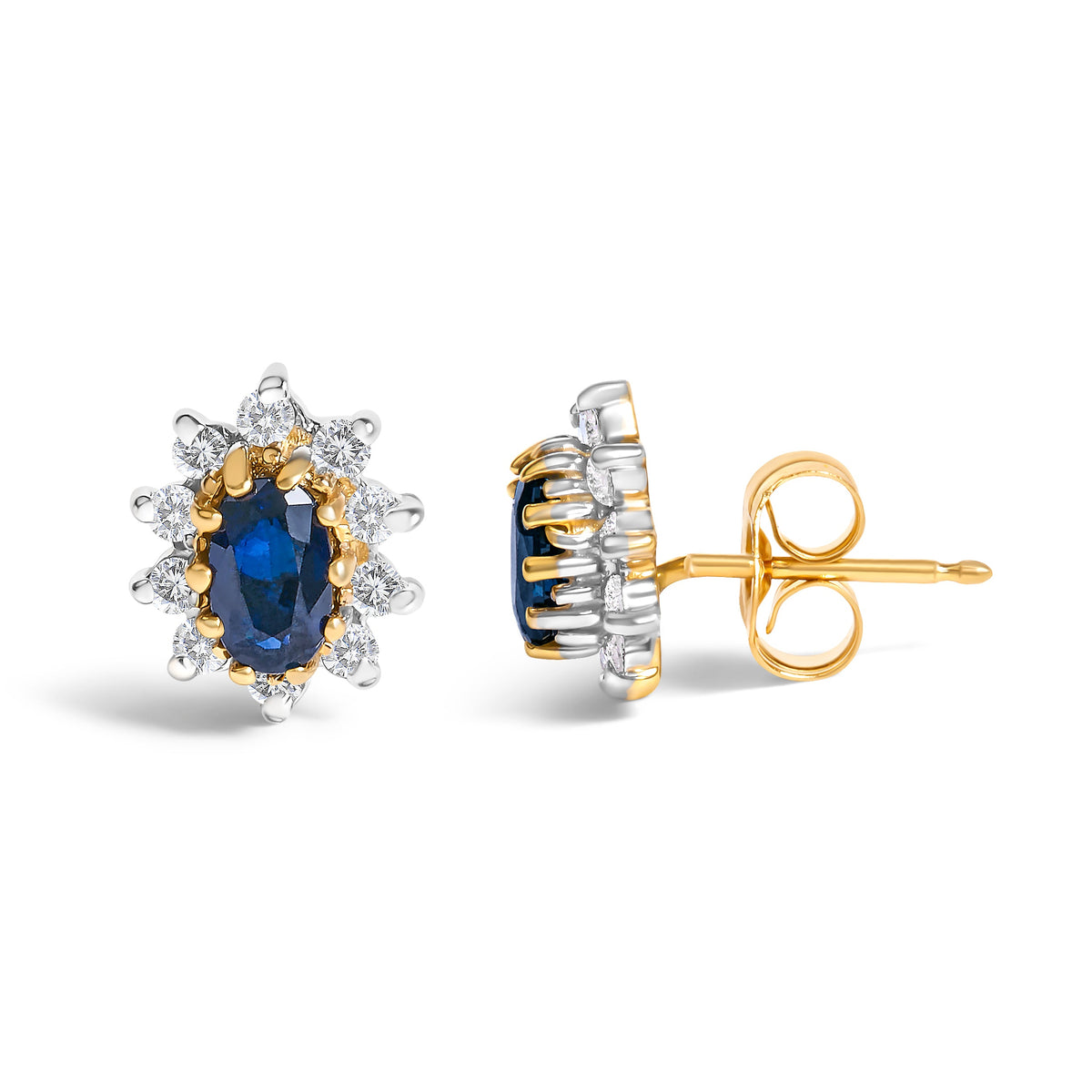 Boucles d'oreilles clous en or jaune 14 carats avec diamants 0,25 carat total et saphirs bleus, motif soleil, serti halo (couleur K-L, pureté I1-I2)