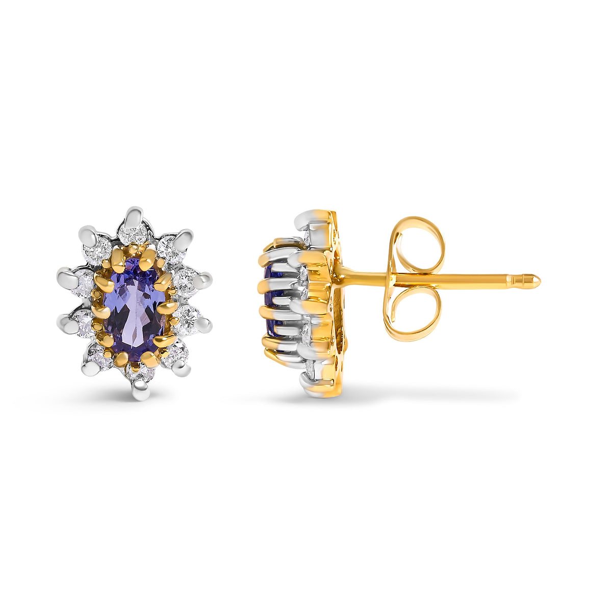Boucles d'oreilles clous en or jaune 14 carats, tanzanite bleu-violet et diamants 1/4 Cttw, halo soleil (couleur K-L, clarté I1-I2)
