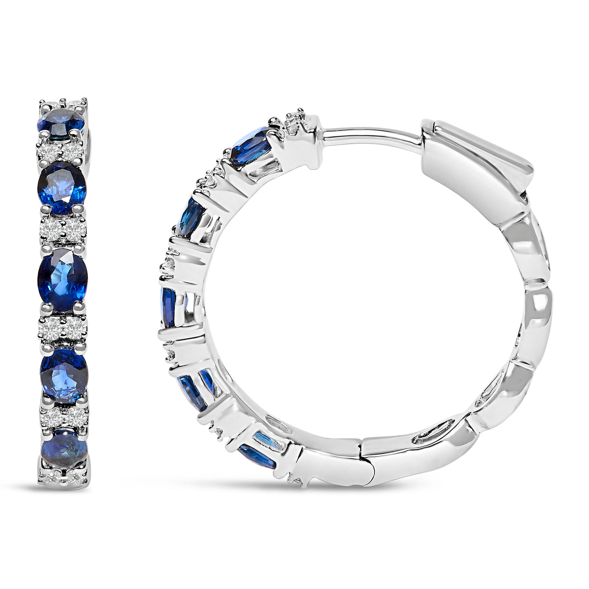 Créoles alternées en or blanc 14K avec saphirs bleus ovales de 4 x 3 mm et diamants de 0,25 carat (couleur I-J, pureté SI2-I1)