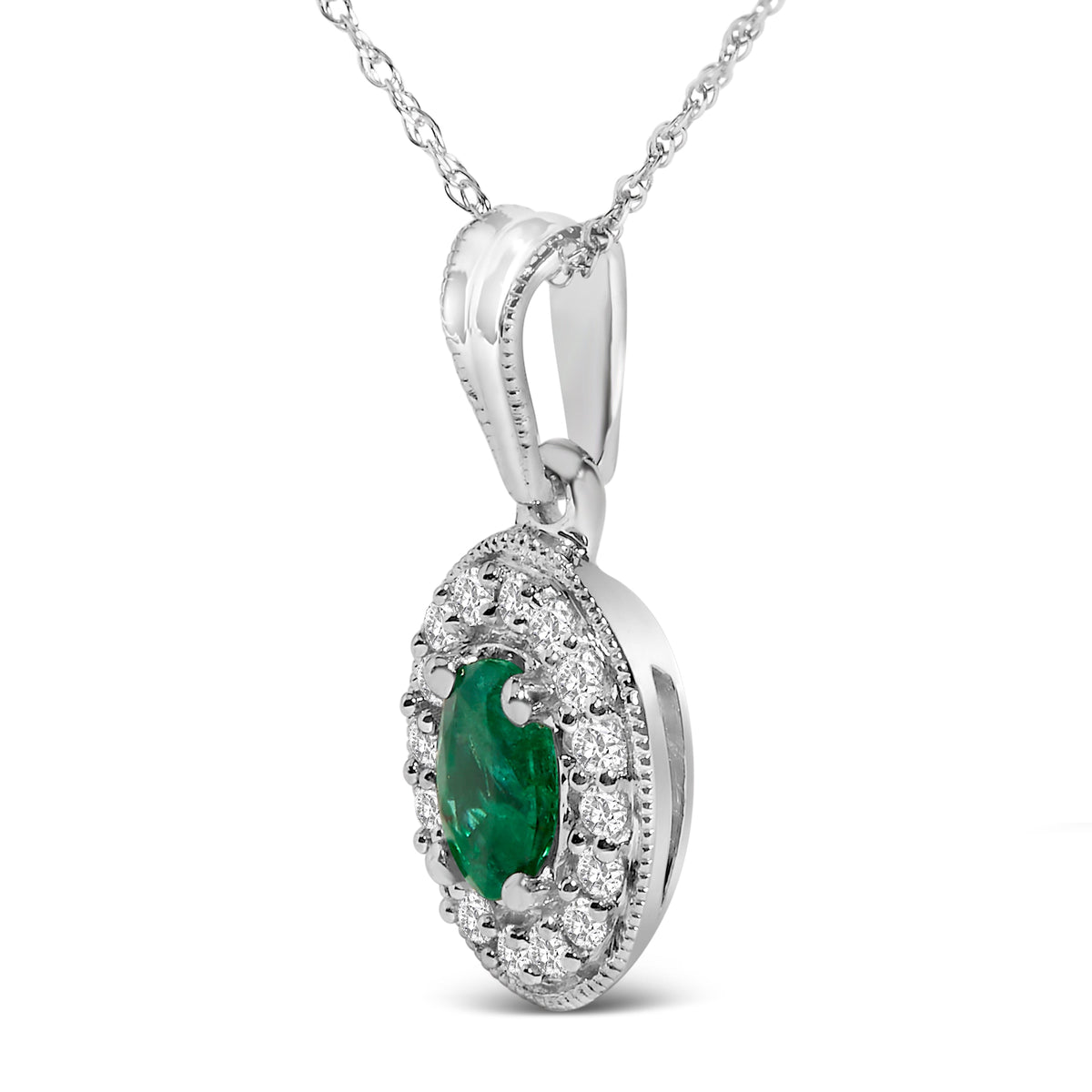 Pendentif ovale en or blanc 14 carats avec émeraude verte 6x4 MM et diamants en halo - 18 pouces