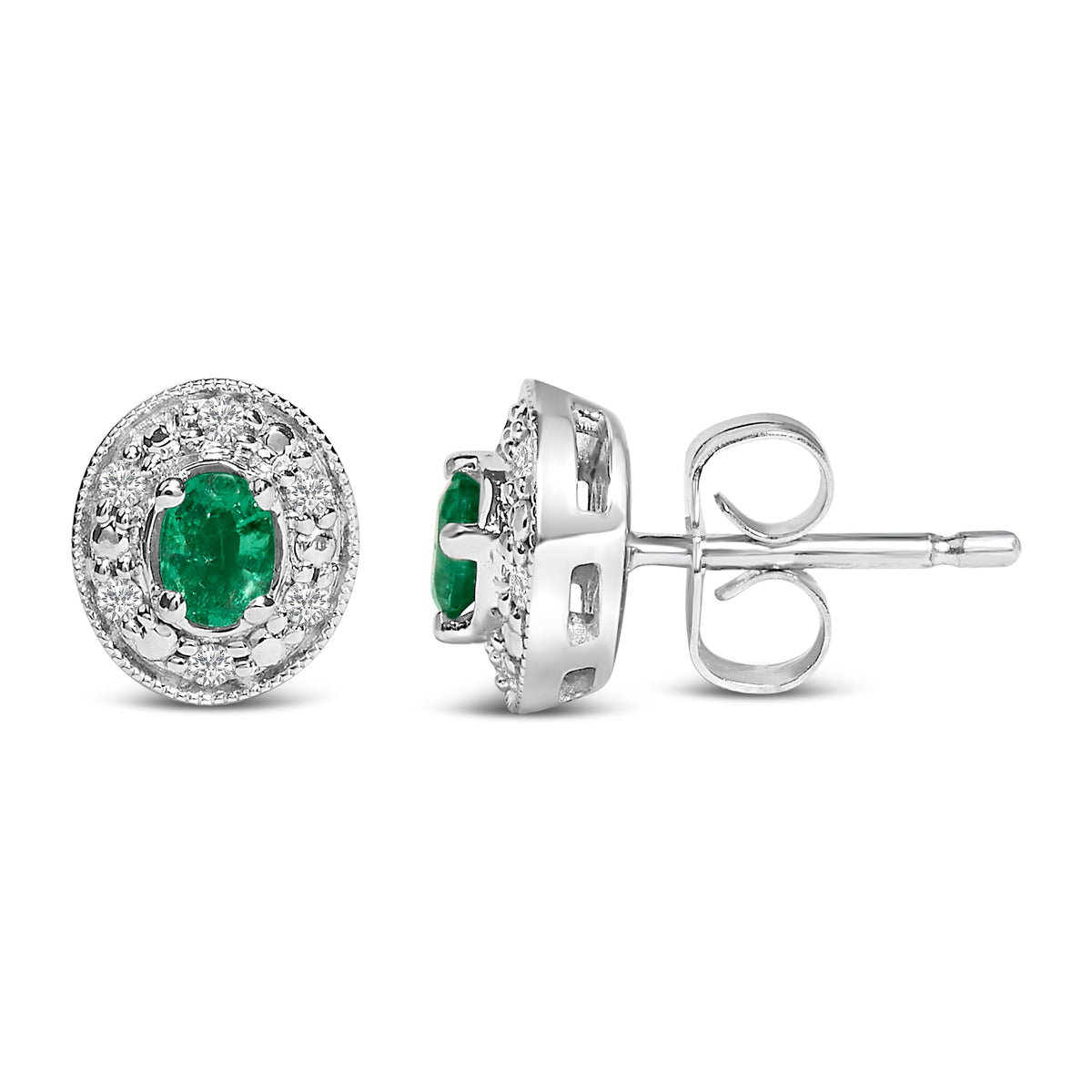 Puces d'oreilles ovales en or blanc 14 carats avec émeraudes vertes et halo de diamants de 0,10 carat (couleur I-J, pureté I1-I2)