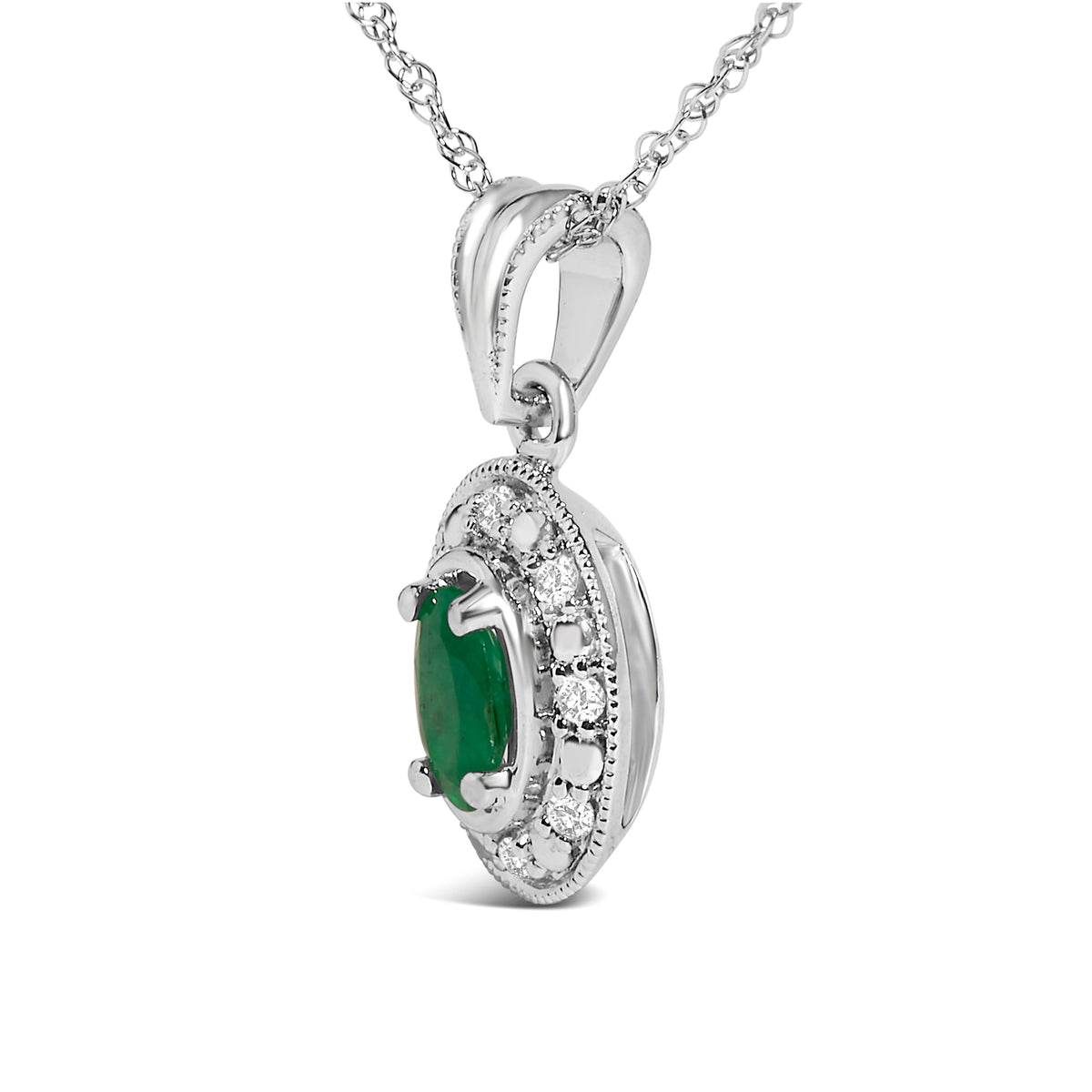 Pendentif ovale en or blanc 14 carats avec émeraude verte et diamants en halo – 45,7 cm