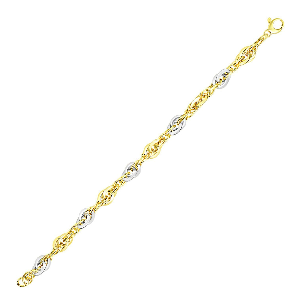 Bracelet à maillons entrelacés lisses et texturés en or bicolore 14 carats