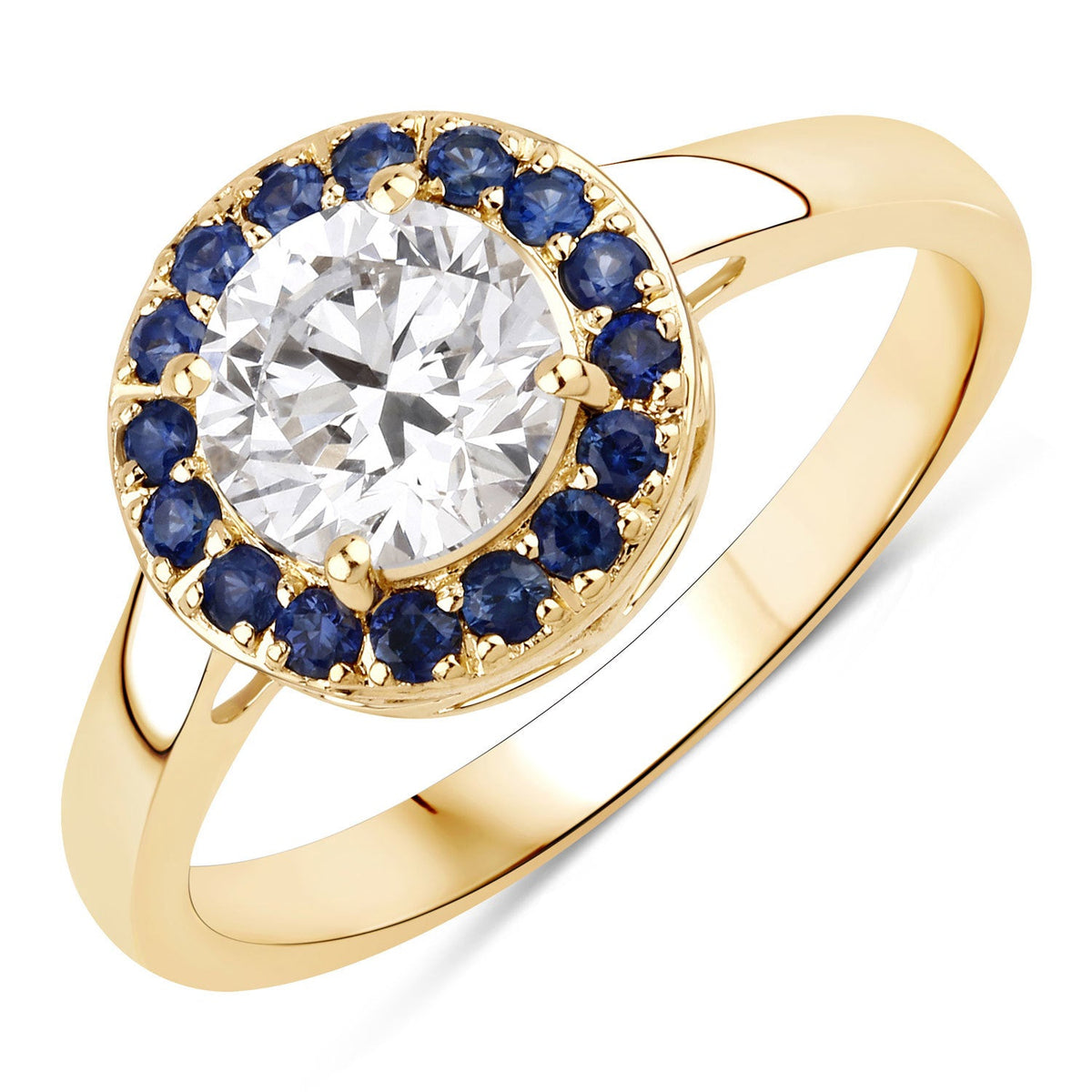 Bague en Or Jaune 14K Ornée d'un Saphir Bleu Naturel de 1,32 Carat et de Diamants Créés en Laboratoire