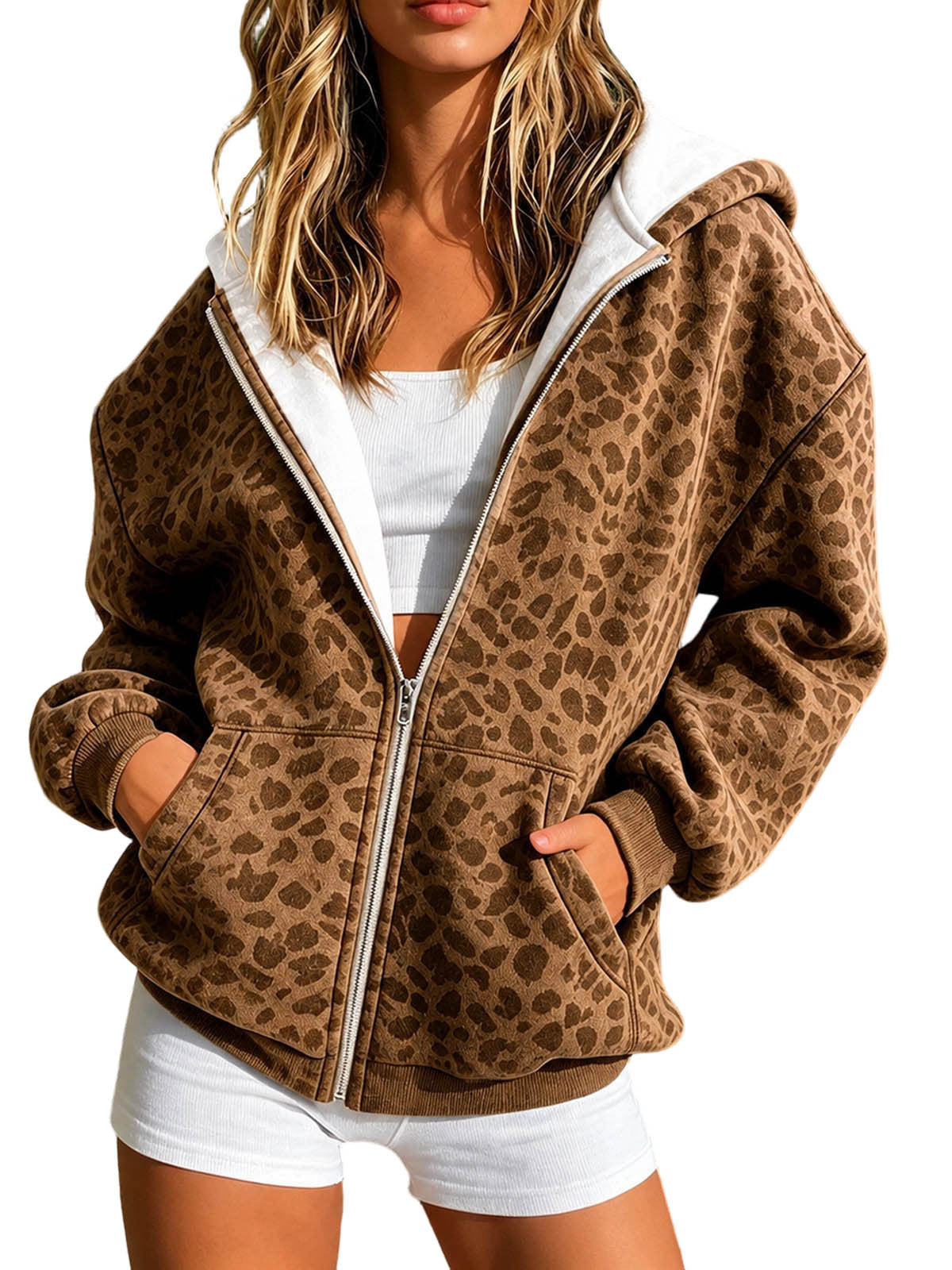 2026 Cross Border European And American Women's Fashion Leopard Print Hooded Zipper Sweatshirt Jacket Loose Casual Long Sleeve Cardigan Top