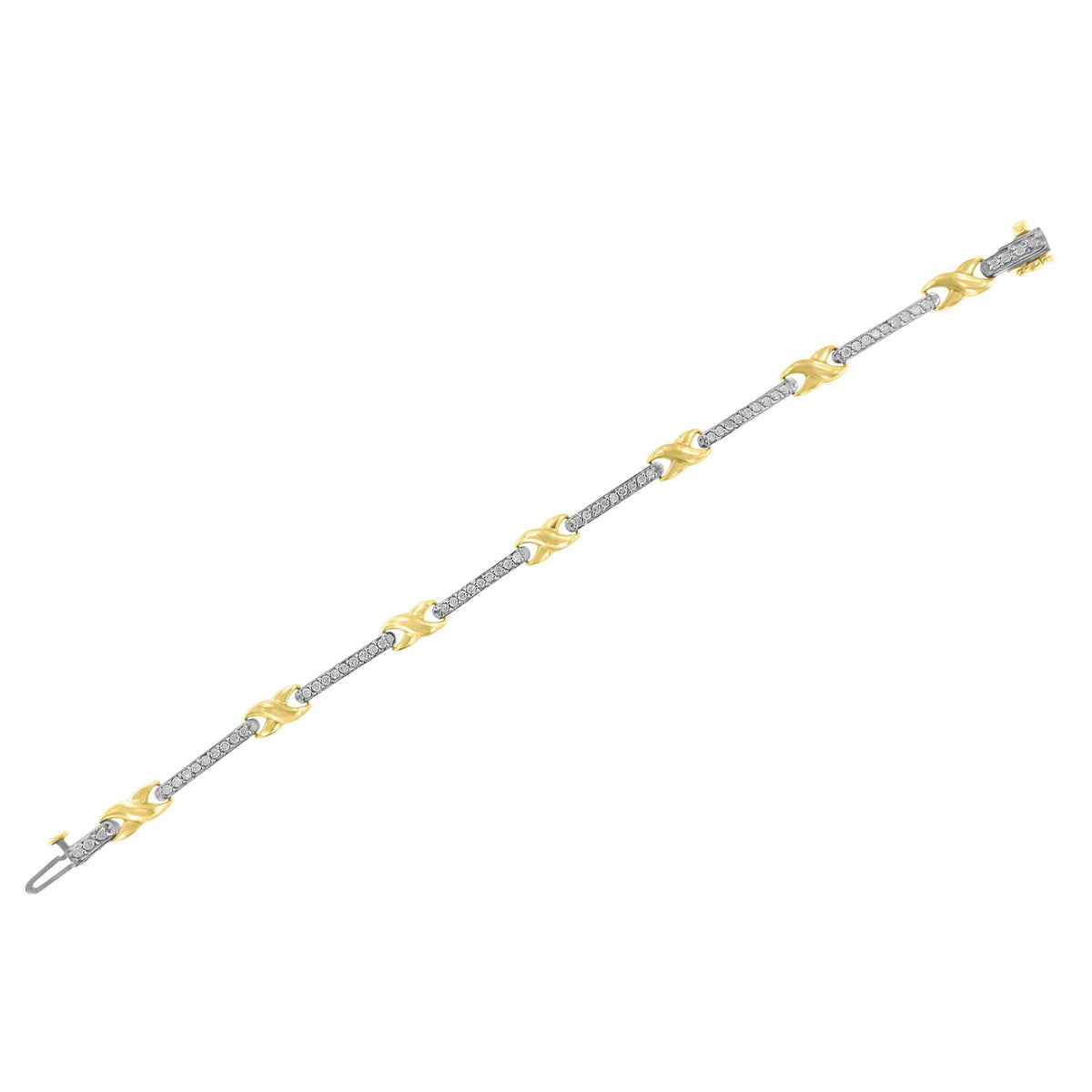 10K Yellow Gold 1.00 Cttw Pave Set Diamond Bar and X-Link 7" Bracelet (I-J Color, I3 Quality)