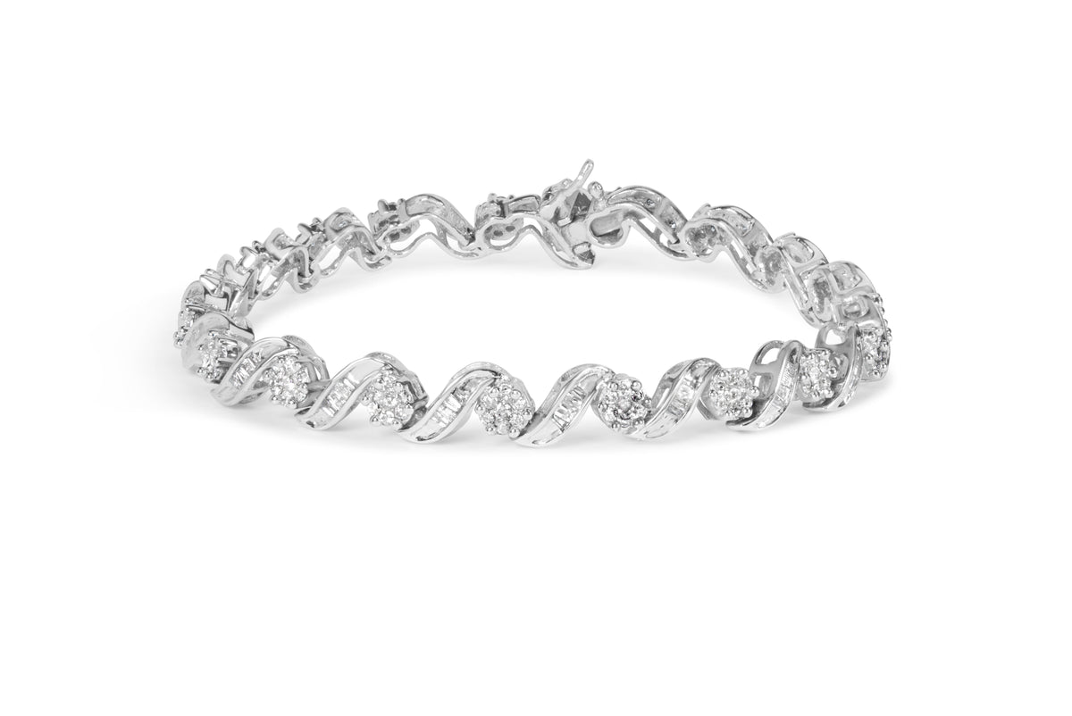 Bracelet en or blanc 14K avec grappe de diamants et maillons en spirale de 2,00 carats au total (couleur I-J, pureté I1-I2) - 7 po
