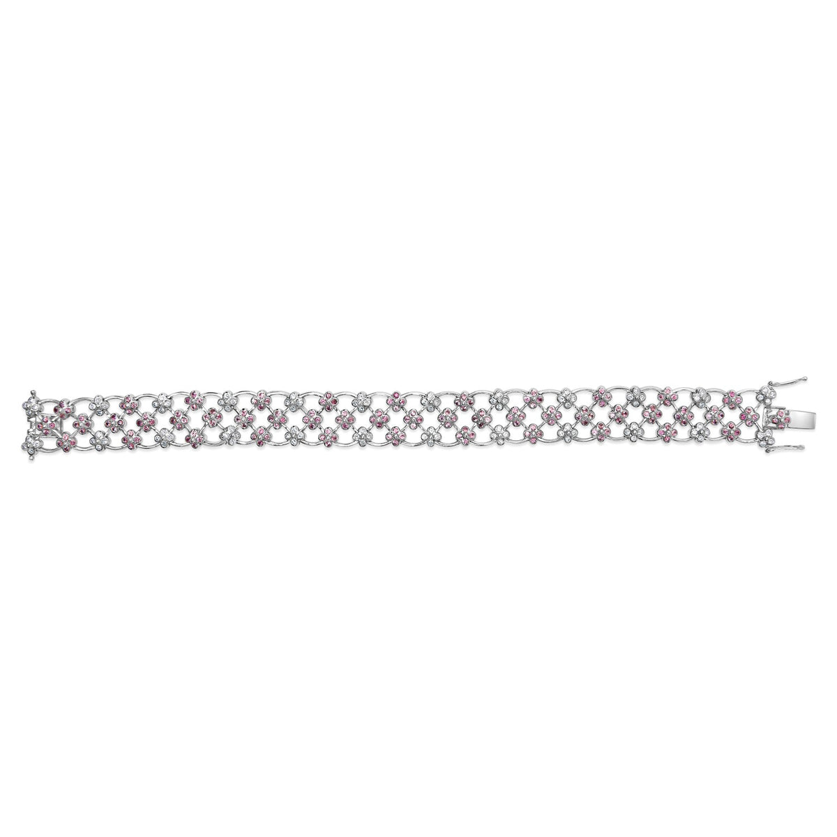 Bracelet en or blanc 14 carats, saphir rose et diamants, motif floral ajouré - 18,4 cm