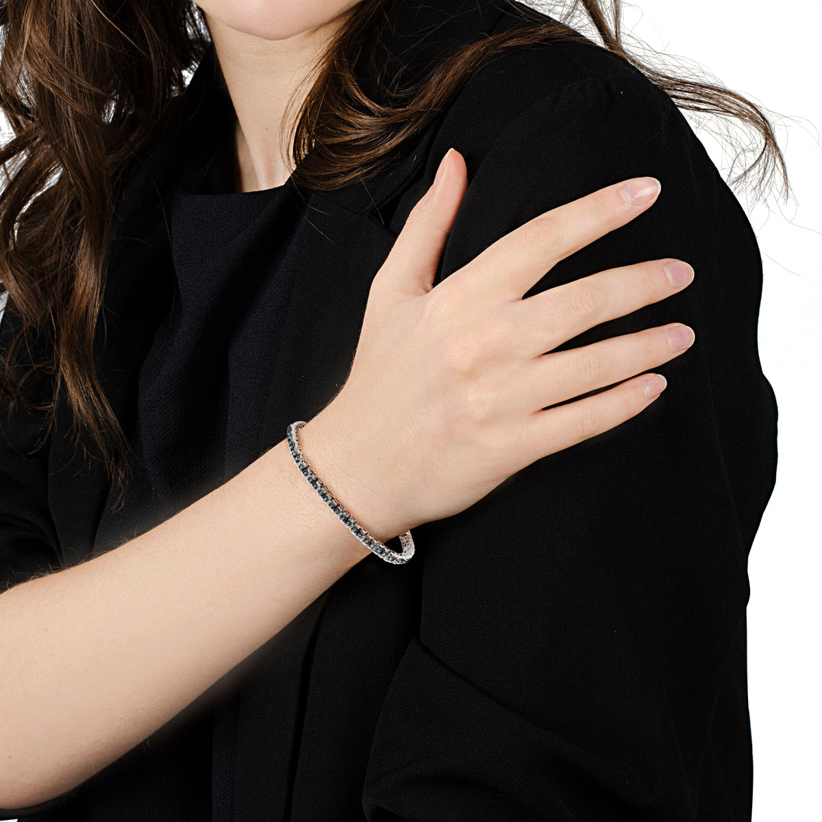 Bracelet de tennis 7" à double maillons en argent sterling .925 plaqué rhodium noir et diamant taille rose de 1,0 carat (couleur bleue, pureté I1-I2)