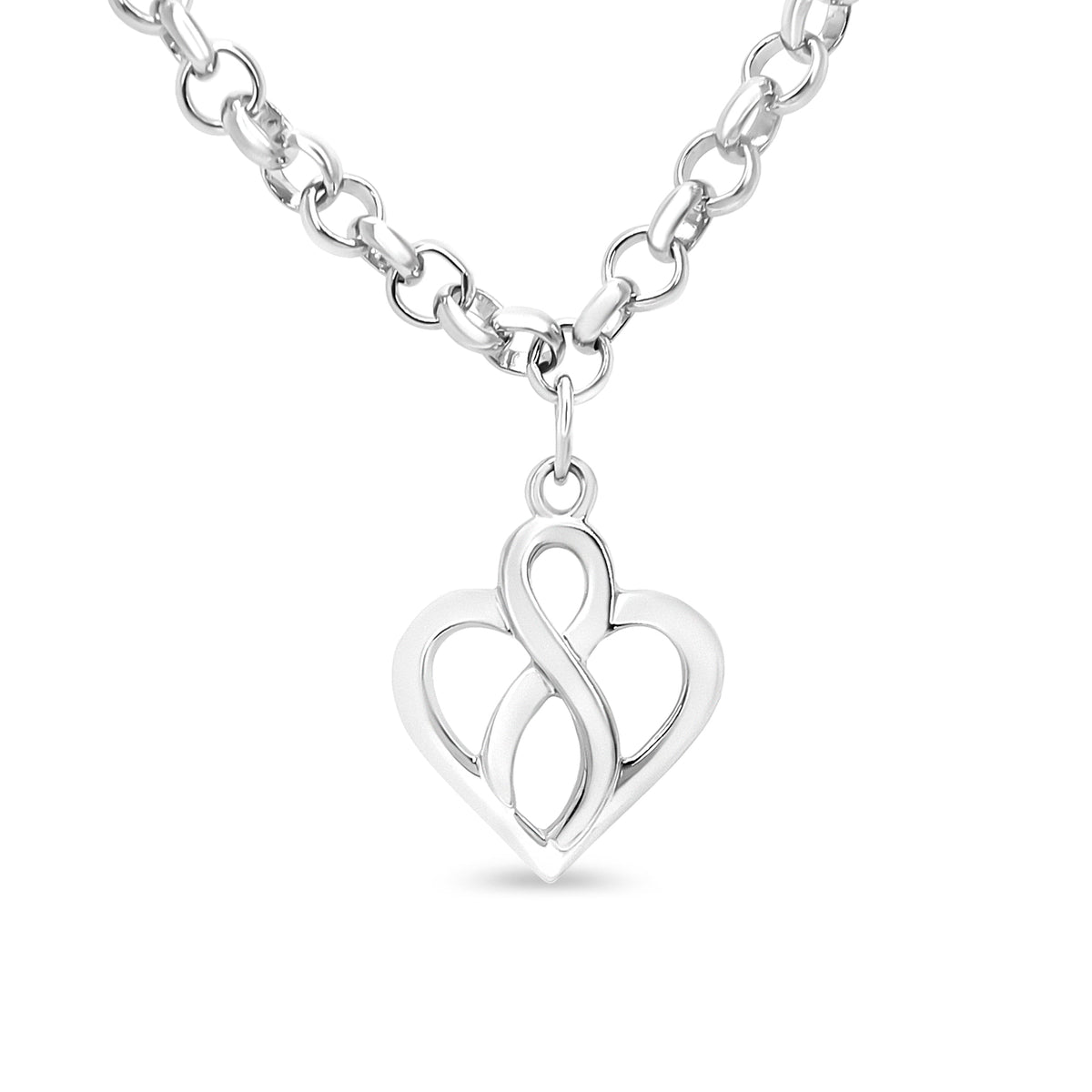 Bracelet à breloques en argent sterling 925 en forme de cœur ouvert avec chaîne infini verticale centrale - Taille 7"