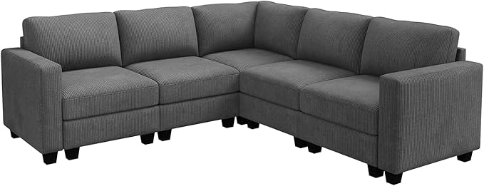 HONBAY Corduroy Modular Sectional Sofa with 5 Seaters, Sectional Corner Sofa with Chaise, L Shape Couches for Living Room, Dark Gray