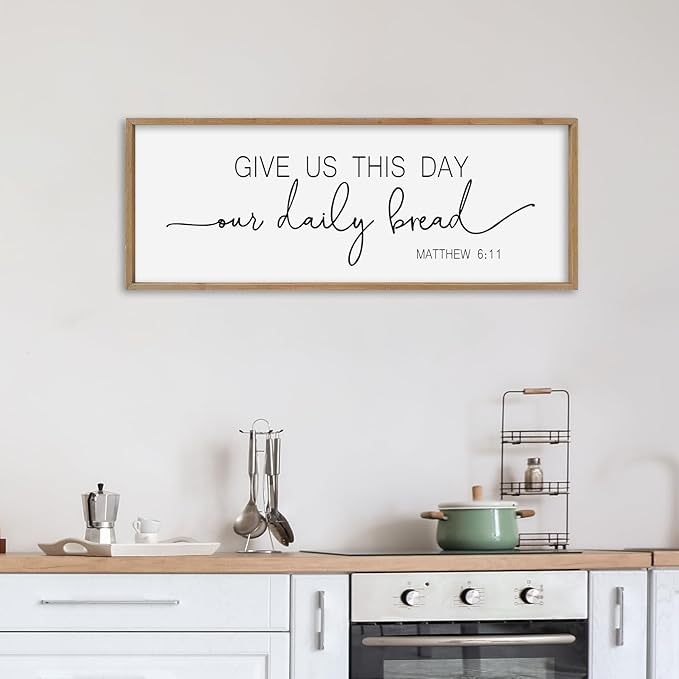 SRSZHIYUE Give Us This Day Our Daily Bread Sign Wall Decor Art 40"×15" Matthew 6:11 Dining Room Kitchen Large Wood Framed Wall Hanging (Wood)